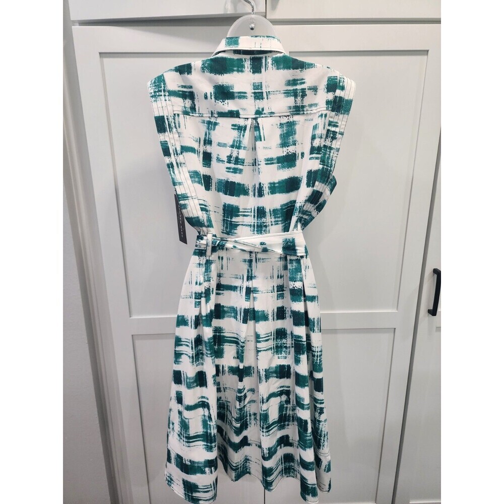 NEW ANDREW MARC WOMENS BELTED SHIRT DRESS SIZE 10 Green White Button Up - Picture 3 of 12
